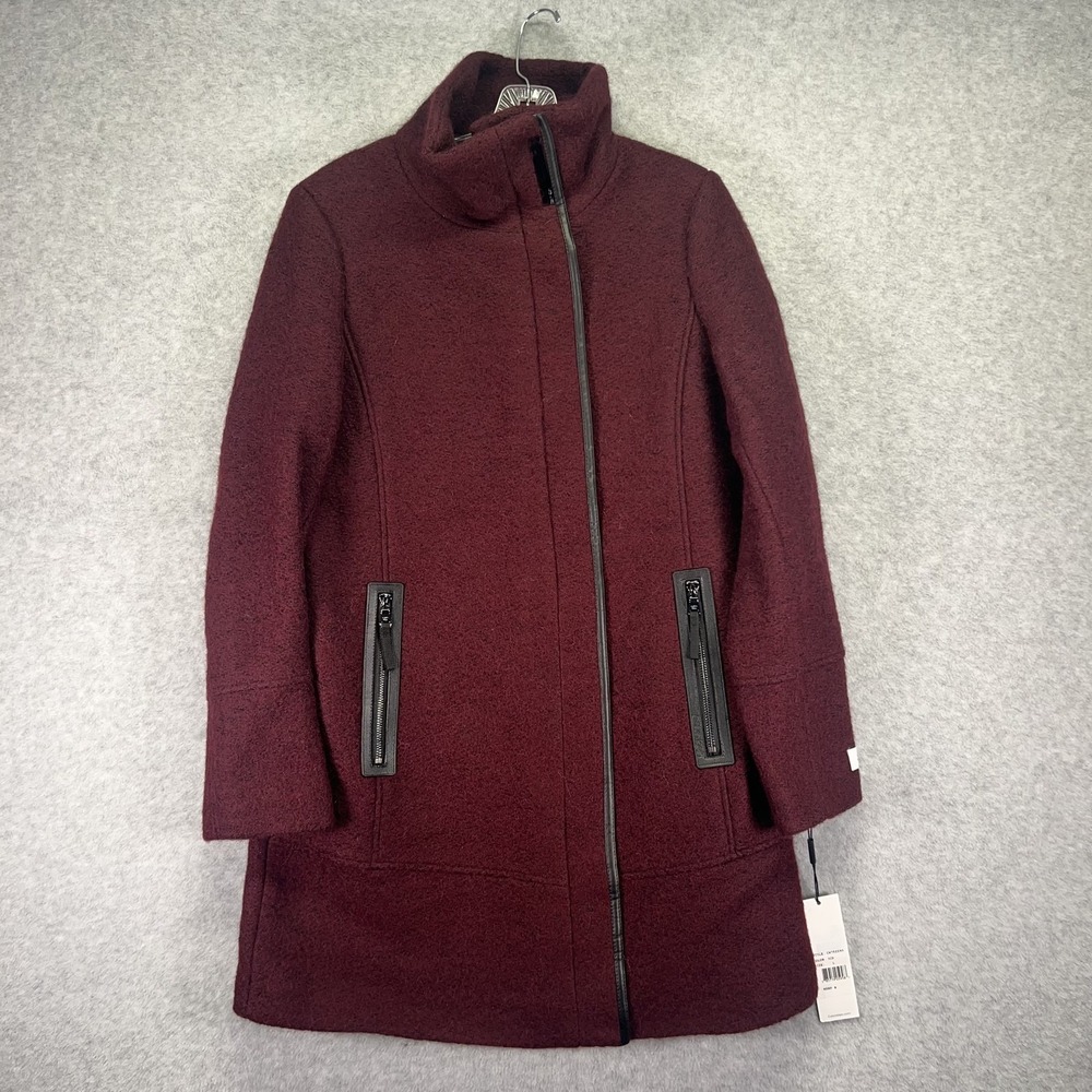 Calvin Klein Coat Womens Small Burgundy Wool Blend Asymmetrical Zip Leather Trim